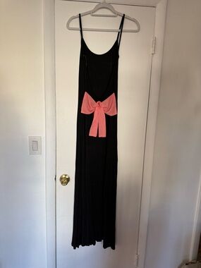 Very Low Back Black Maxi Dress with Pink Bow Accent